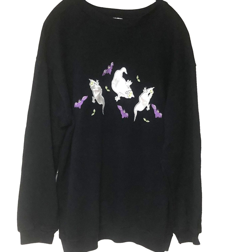 VTG Carreau Halloween Ghosts Pullover Sweater Sweatshirt Women L Applique Y2K‎